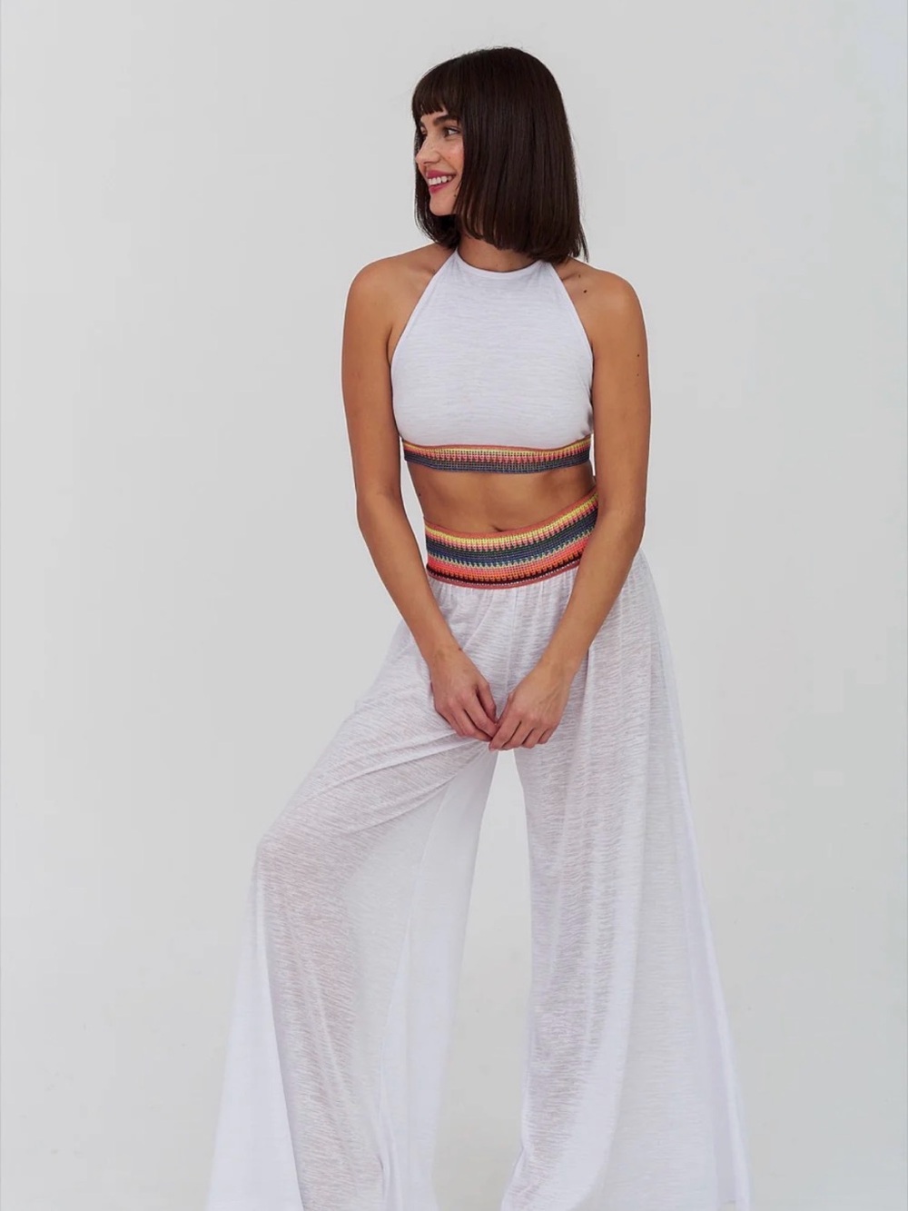 Pitusa White Set with Halter and Pant Featuring Multicolor Crochet Hem